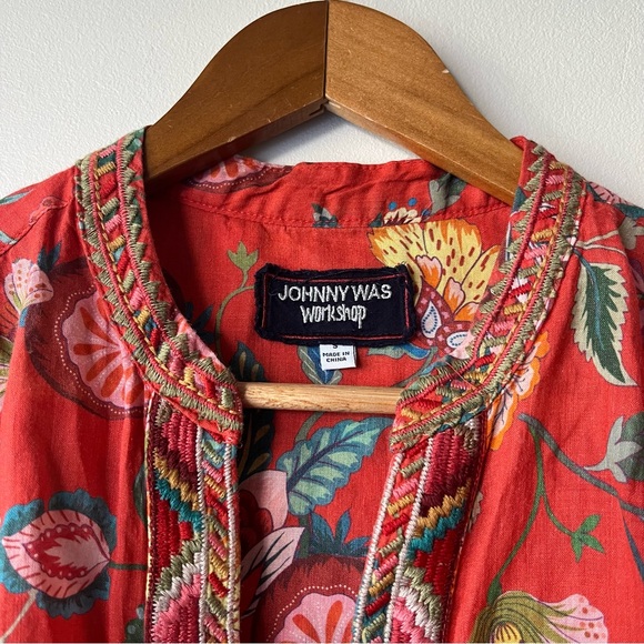 Johnny Was Coral Workshop Unlined Ramie Embroidered Tunic Long Sleeve Blouse